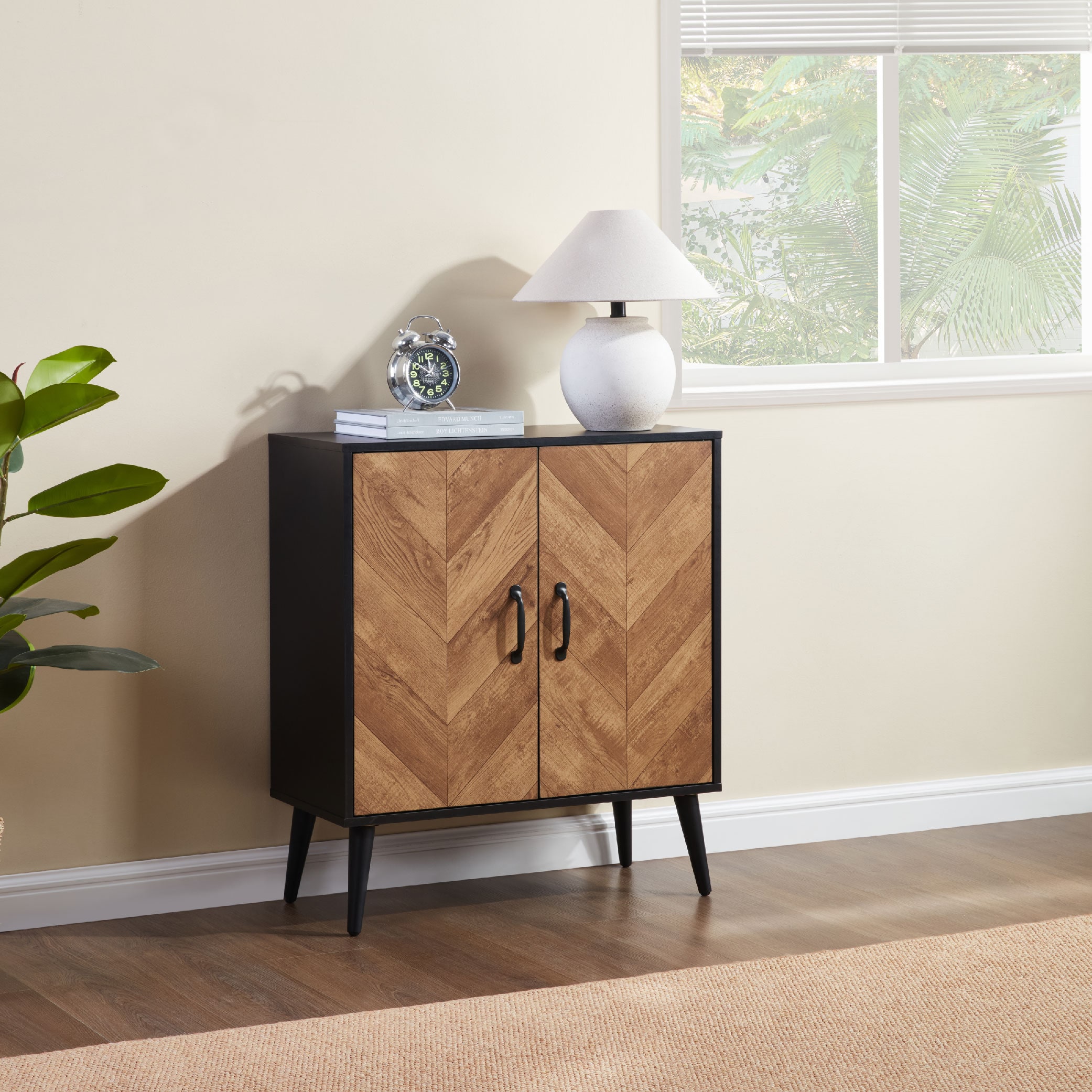 Accent Cabinet With Adjustable Shelf, Kitchen Storage Cabinet With Herringbone Design, Black Sideboard For Living Room, Kitchen, Entryway_voghion.com